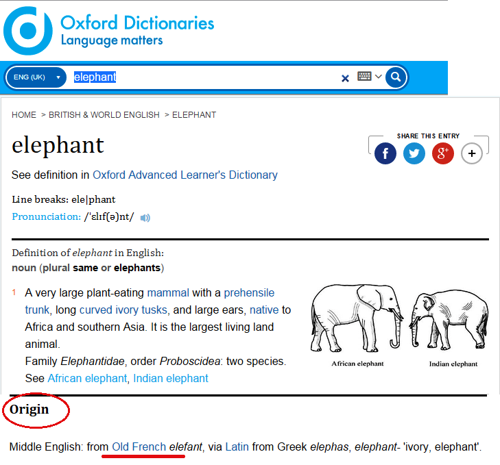 Kata "elephant" dalam bahasa Inggris ternyata berasal dari bahasa Perancis kuno. Sumber: http://www.oxforddictionaries.com/definition/english/elephant