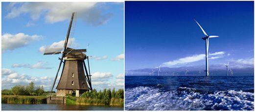 Kiri: Kincir angin klasik di Belanda. Kanan: Kincir angin modern. (dok: Pixabay) 