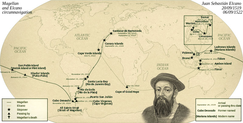 Rute perjalanan ekspedisi tim Magellan mengelilingi Bumi dengan berlayar ke Barat dari Spanyol hingga tiba kembali di Spanyol (dok: Wikipedia)
