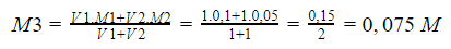 pembahasan soal pencampuran M3=V1.M1+V2.M2/V1+V2=1.0,1+1.0,05/1+1=0,15/2=0,075 M