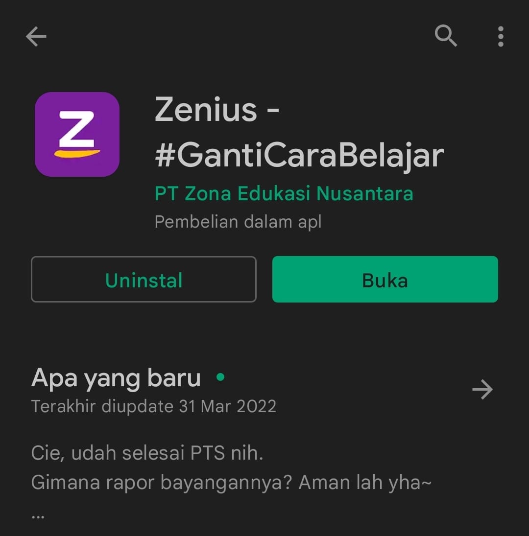 Tampilan Aplikasi Zenius di Google Play (Arsip Zenius)