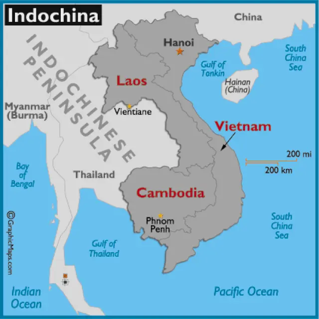 Indocina terdiri dari Laos, Kamboja, dan Vietnam.