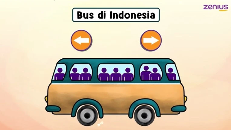 Bus di Indonesia yang sedang melaju ke kanan atau ke kiri.