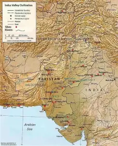 Letak Lembah Indus pada peta di antara Pakistan dan India asal agama Hindu Zenius Education.