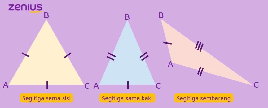 Jenis segitiga berdasarkan panjang sisinya, yaitu segitiga sama sisi, sama kaki, dan sembarang.