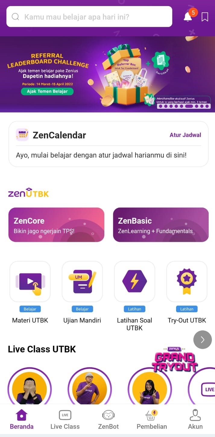 Tampilan home page aplikasi Zenius (Arsip Zenius)