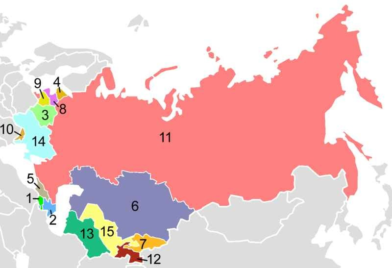 Peta negara Uni Soviet dan ke-15 negara bagian di dalamnya