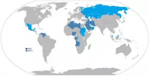 Perwilayahan negara-negara anggota OPEC pada peta. 