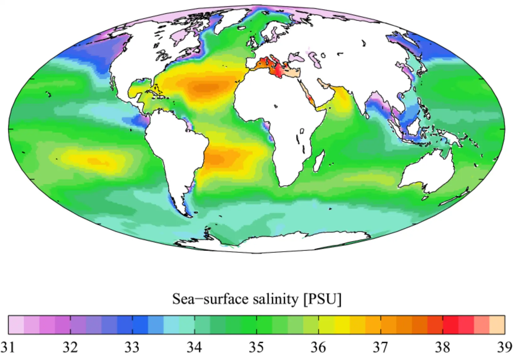 Peta di atas menggambarkan persebaran salinitas air laut di seluruh dunia. Dari peta tersebut diketahui Indonesia memiliki kadar garam yang tergolong rendah. Sekiranya faktor apa yang mempengaruhi rendahnya salinitas lautan di Indonesia?
