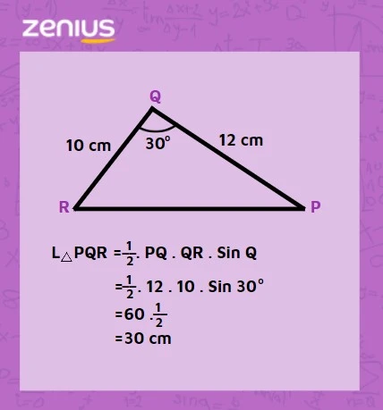 Cara menyelesaikan luas segitiga PQR menggunakan sinus 30.