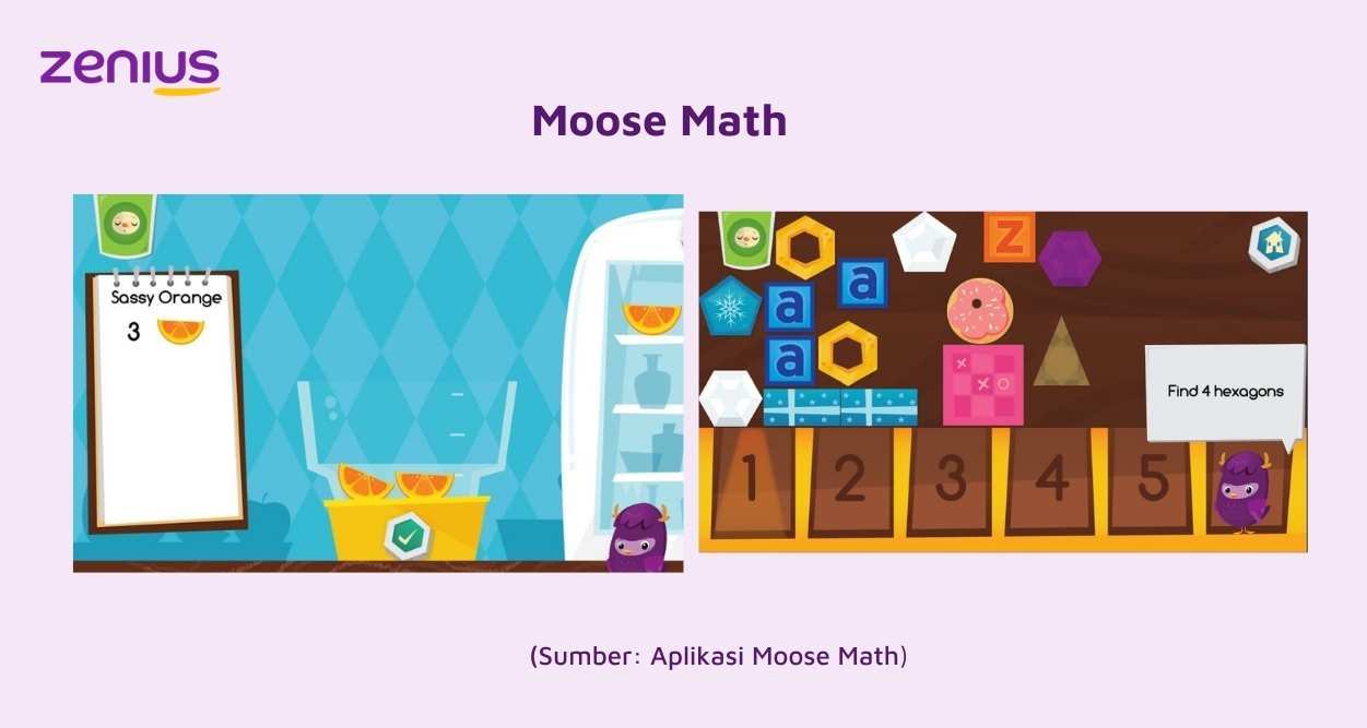 Game belajar berhitung aplikasi Moose Math berupa tantangan mencocokkan jumlah jeruk untuk membuat jus dan mengenal bentuk bangun datar dalam jumlah tertentu.