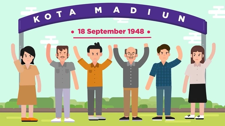 Ilustrasi orang-orang berdemo di Kota Madiun pada 18 September 1948 akibat ditandatanganinya Perjanjian Renville oleh pemerintah.