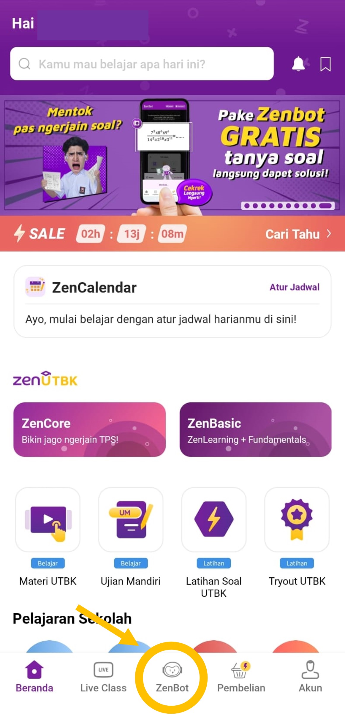 Letak ZenBot dalam home page aplikasi Zenius (Arsip Zenius)