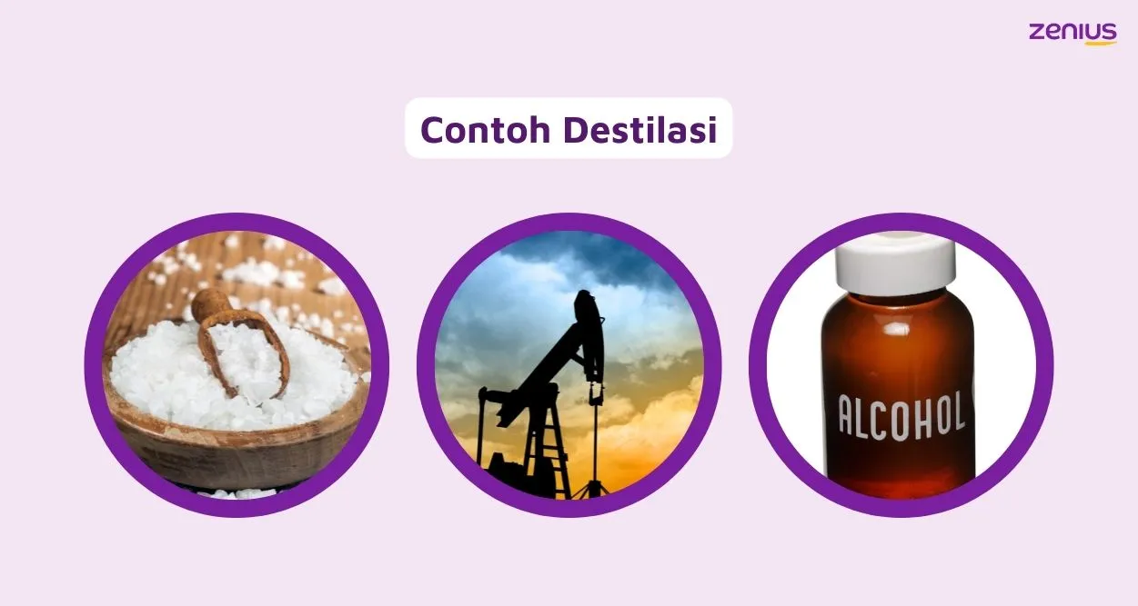 Contoh destilasi di dalam kehidupan sehari-hari seperti penyulingan air laut, minyak bumi, dan zat lainnya.