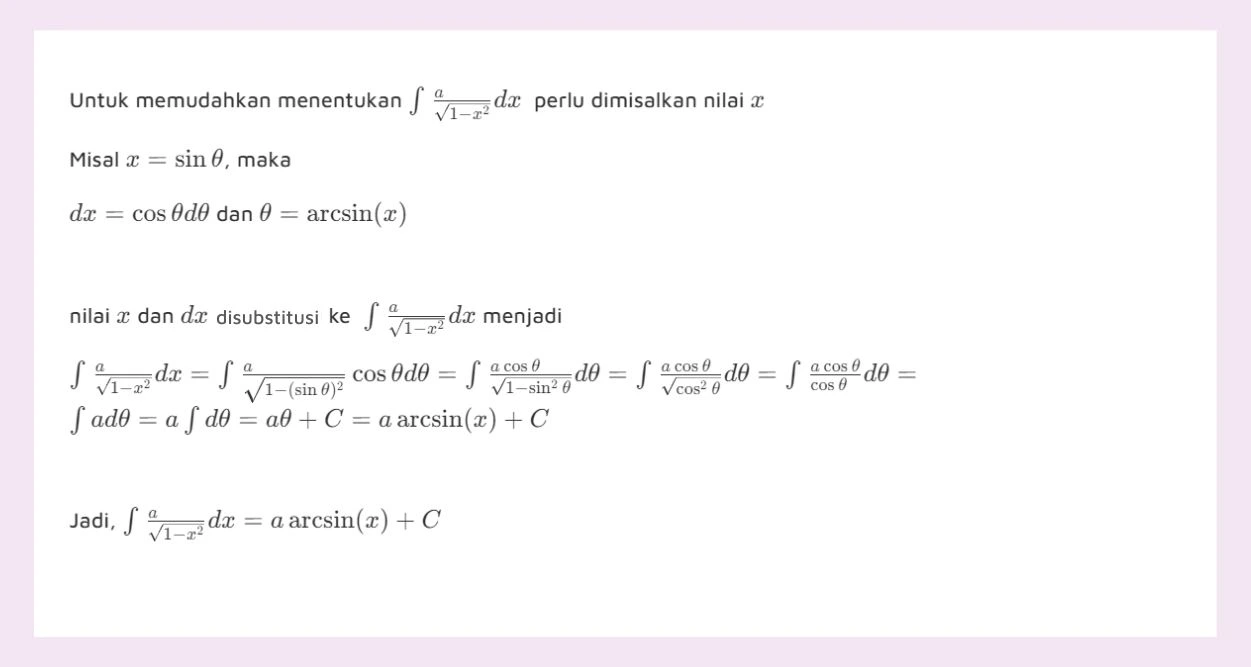 Contoh soal integral substitusi trigonometri beserta pembahasan jawabannya.