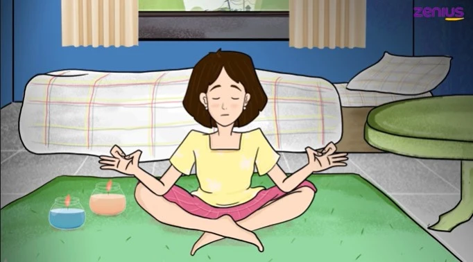 Ilustrasi orang sedang meditasi menggunakan aromatherapy di kamarnya.