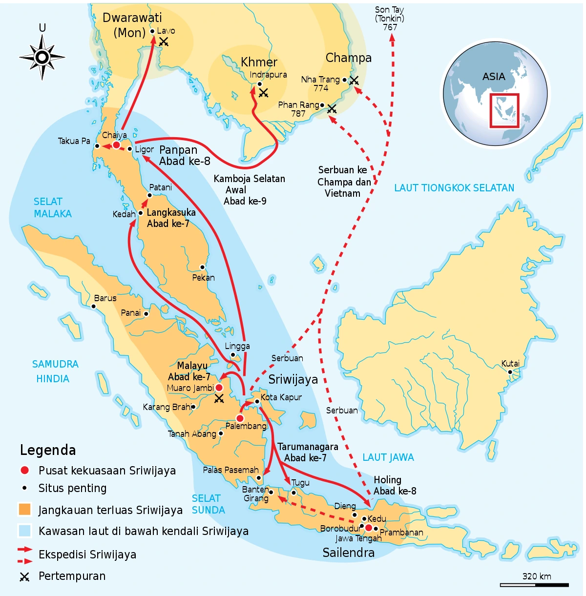 Peta wilayah Kerajaan Sriwijaya yang merupakan kerajaan maritim.