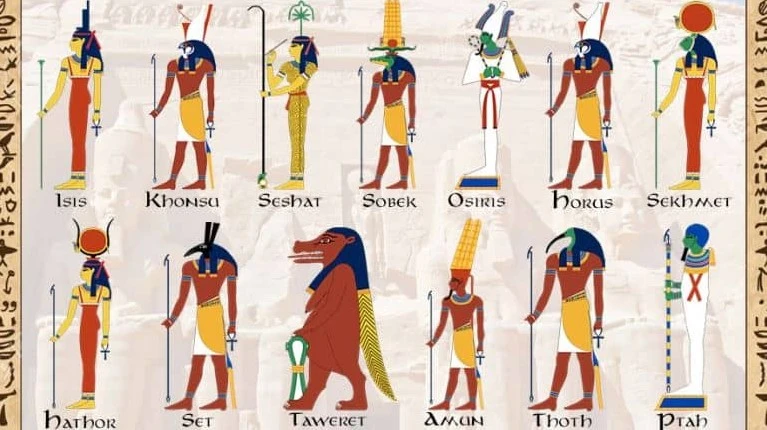 Ilustrasi berbagai Dewa yang disembah oleh masyarakat Mesir Kuno.