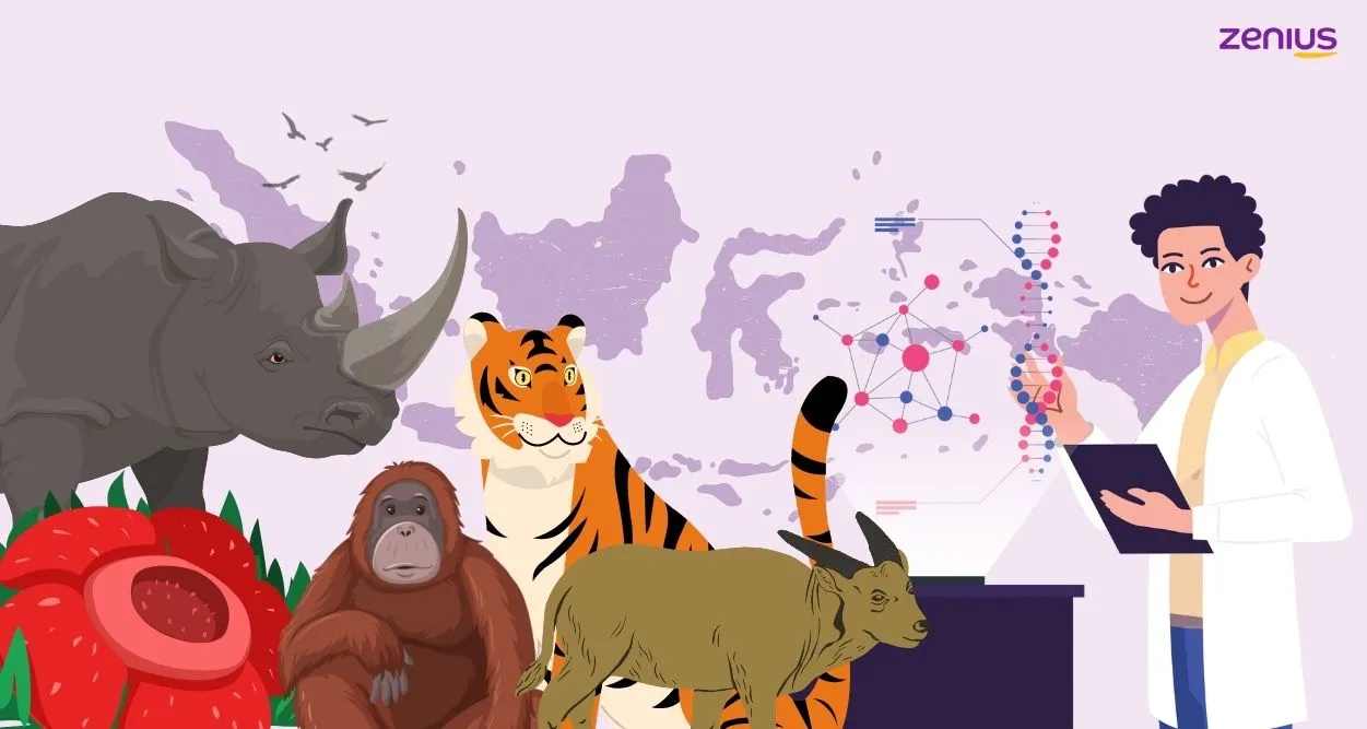 Hewan endemik indonesia seperti badak jawa, orangutan kalimantan, anoa, dan harimau sumatra.