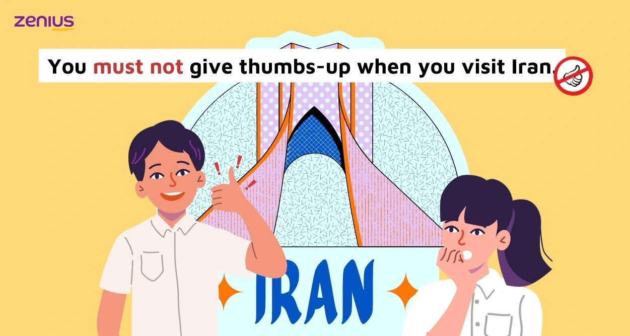 Di Iran mengangkat jempol bukan gestur tubuh yang sopan.