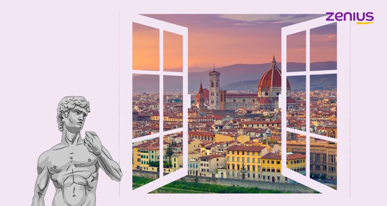Ilustrasi Patung David oleh Michelangelo dan pemandangan Kota Florence di Italia.